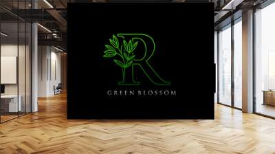 Green Leaves Letter R Logo Icon . Initial Letter R Design Vector Green Color.  Initials stamp line art sign symbol. Wall mural