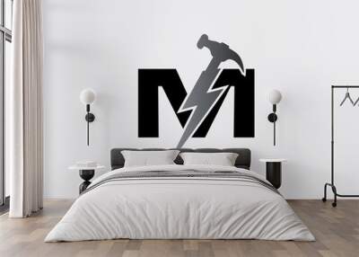 Hammer Flash M Letter Logo, Fast Service Logo Icon. Wall mural