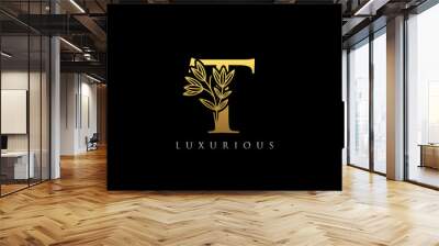 Luxury Gold T Letter Logo Icon . Initial Letter T Design Vector Luxury Gold Color.Print monogram initials stamp line art vintage symbol. Wall mural