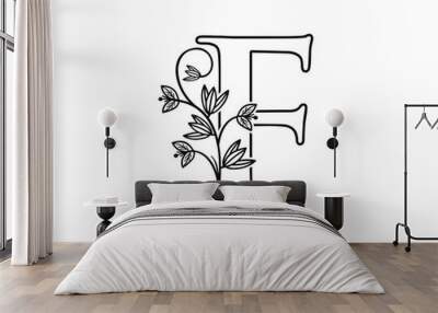 Nature letter F leaf icon logo design, floral logo F icon design. hand drawn floral with letter. Wall mural