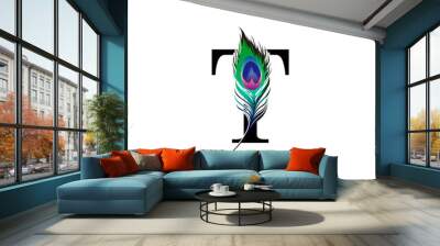 T Letter Decorated With Exotic Peacock Feather. Wall mural