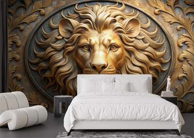 Design a breathtaking 3D mural with a lifelike lion relief at its center. The lion’s mane should flow gracefully with intricate detailing, while the background offers a smooth stone texture with hints Wall mural