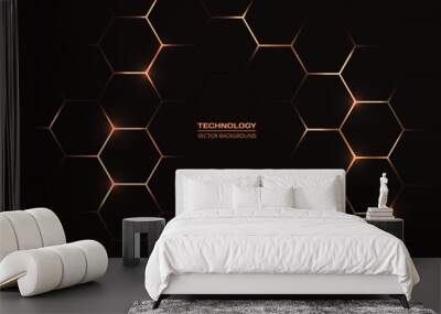 Black and yellow hexagonal technology vector abstract background. Yellow bright energy flashes under hexagon in modern technology futuristic background illustration. Dark gray honeycomb texture grid. Wall mural