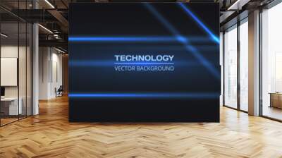 Black wide abstract tech horizontal vector background with blue neon lines. Technology banner with blue luminous lines. Futuristic technological modern background. Wall mural