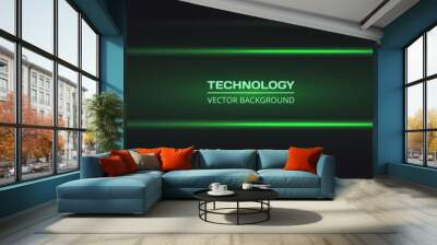 Black wide abstract tech horizontal vector background with green neon lines. Technology banner with green luminous lines. Futuristic technological modern background. Wall mural