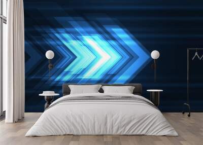 Blue arrows movement high-speed futuristic abstract technology concept background. Dynamic motion blue hi tech digital arrows and light stripes. Vector illustration Wall mural