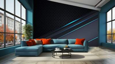 Carbon fiber dark gray background with blue luminous lines and highlights. Modern futuristic luxury technology background. Vector illustration EPS10. Wall mural