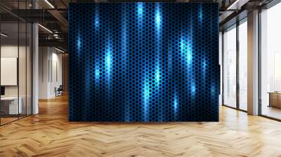 Dark blue background. Dark hexagon carbon fiber texture. Navy blue honeycomb metal texture steel background with bright flashes. Web design template vector illustration. Wall mural