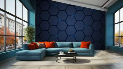 Dark blue hexagonal pattern technology vector abstract background. Blue bright energy flashes under hexagon in modern technology futuristic background vector illustration. Dark honeycomb texture grid. Wall mural