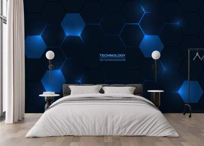 Dark blue hexagonal technology vector abstract background. Blue bright energy flashes under hexagon in modern technology futuristic background vector illustration. Dark blue honeycomb texture grid. Wall mural