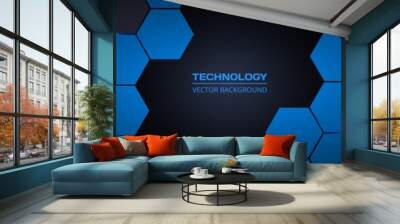 Dark gray and blue hexagonal technology abstract horizontal vector background. Blue bright energy flashes under hexagon in modern futuristic wide technology banner. Dark honeycomb texture grid. Wall mural