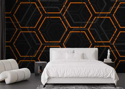 Dark gray and orange hexagonal technology abstract background. Grey hexagon patern futuristic modern background. Gray and orange honeycomb texture grid. Vector illustration. Wall mural