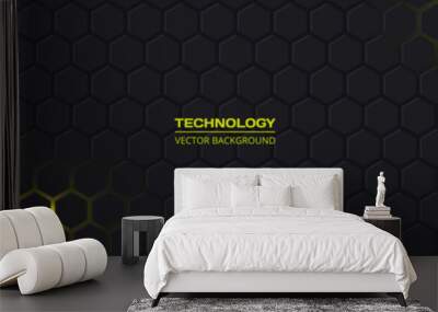 Dark gray and yellow horizontal hexagonal technology abstract vector background. Yellow bright energy flashes under hexagon in futuristic modern technology wide banner. Dark honeycomb texture grid Wall mural