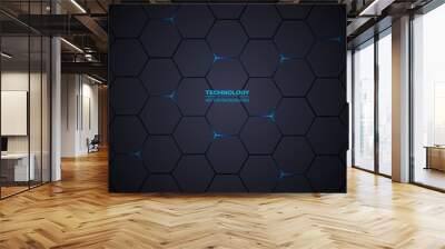 Dark gray hexagonal technology vector abstract background. Blue bright energy flashes under hexagon in modern technology futuristic background vector illustration. Dark gray honeycomb texture grid. Wall mural