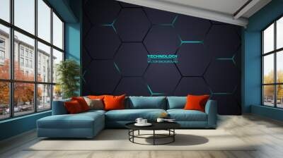 Dark gray hexagonal technology vector abstract background. Turquoise bright energy flashes under hexagon in modern technology futuristic background vector illustration. Dark gray honeycomb texture. Wall mural