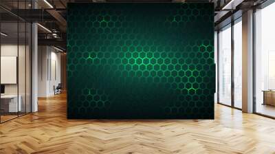 Dark green technology hexagonal vector background. Abstract green bright energy flashes under hexagon in dark technology, modern, futuristic vector illustration. Green honeycomb texture grid. Wall mural