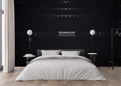 Dark hexagonal abstract technology background. White bright flashes under hexagon in modern technology futuristic dark vector illustration. Black honeycomb texture grid. Wall mural