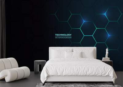 dark hexagonal technology abstract vector background with blue and green colored bright flashes unde Wall mural