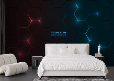 Dark red and blue hexagon abstract technology background with red and blue colored bright flashes under hexagon. Hexagonal gaming vector abstract tech background. Wall mural