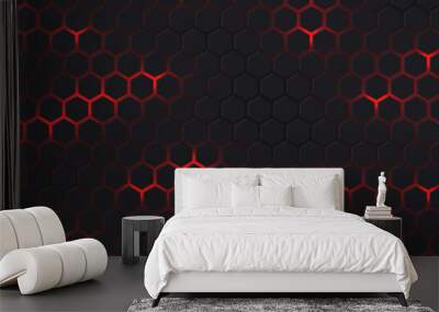 Dark wide hexagon abstract technology futuristic background with red bright energy flashes. Dark honeycomb texture grid. Vector illustration Wall mural