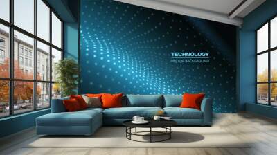 Digital technology wide abstract background with blue tech particle wave. Futuristic technology artificial intelligence vector illustration Wall mural