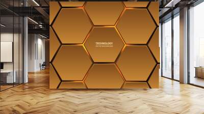 Gold 3d hexagonal technology vector abstract background. Yellow bright energy flashes under hexagon in modern technology futuristic background vector illustration. Orange honeycomb texture grid. Wall mural