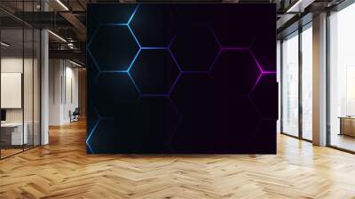 Hexagon technology futuristic dark vector abstract background with blue and pink colored bright flashesunder hexagon. Hexagonal gaming honeycomb abstract background. Wall mural