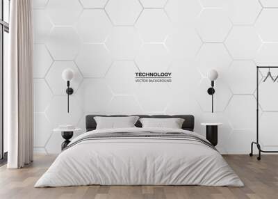 Light gray hexagonal technology vector abstract background. White bright energy flashes under hexagon in technology futuristic modern background vector illustration. White honeycomb texture grid. Wall mural