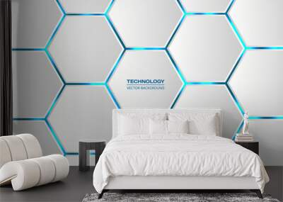 white 3d hexagonal technology vector abstract background. blue bright energy flashes under hexagon i Wall mural