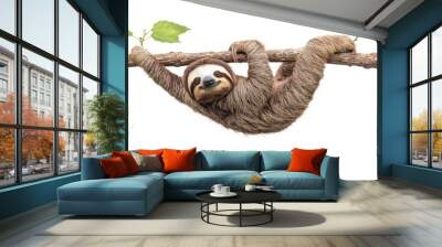 Adorable sloth hanging from tree branch in cute front-facing shot - wildlife photography. Wall mural