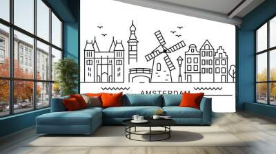 Amsterdam minimal style City Outline Skyline with Typographic. Vector cityscape with famous landmarks. Illustration for prints on bags, posters, cards.  Wall mural