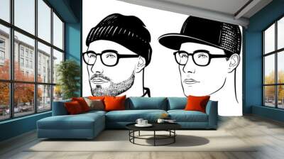 Bearded men in baseball cap. Female set portrait Wall mural