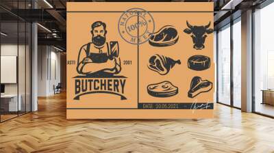 Butcher logo with icons in vintage style Wall mural