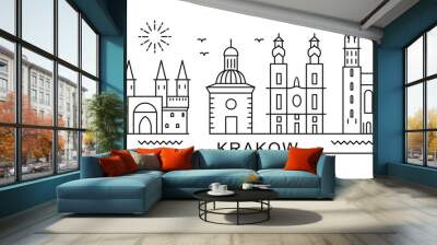 city of Krakow in outline style on white. Landmarks sign with inscription. Wall mural