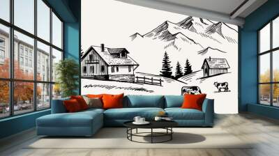 Cow with nature landscape vector ink hand drawn. Wall mural