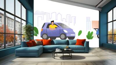 Delivery person travels by car, electric scooter and scooter against backdrop of city. Flat style Wall mural