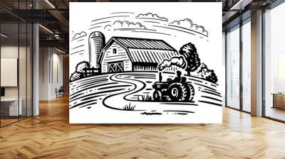 farm with trees and tractor harvesting hay  Wall mural