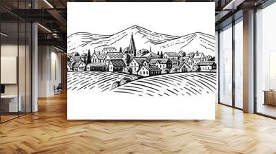 large village with fields en mountains background Wall mural