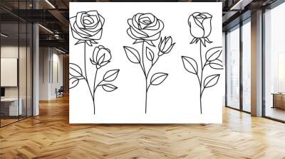 Line rose with leaves. Vector hand drawn set  Wall mural