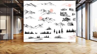 Mountain landscape big set drawing vector. Wall mural