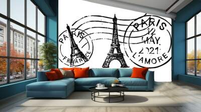 Postal vintage stamps Paris - France. Vector grunge rubber with Eiffel Tower  Wall mural