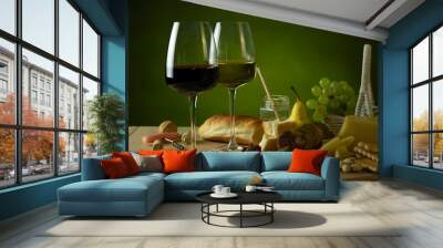 red and white wine in glass against background of snacks on the table Wall mural