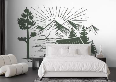 tent camping in forest near mountains Wall mural