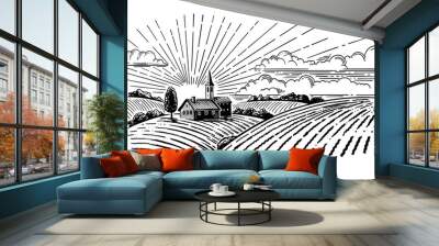 village with fields and sun Wall mural