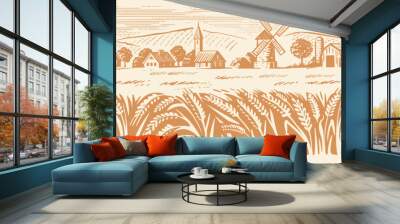 Wheat Organic Farming landscape. Farm and Fields with Harvest Wall mural