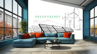 Wind turbines and solar panels sketch vector Wall mural