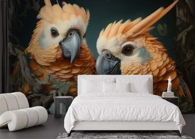 Beautiful art close up portrait of two yellow parrots jungle bac Ai generated art Wall mural