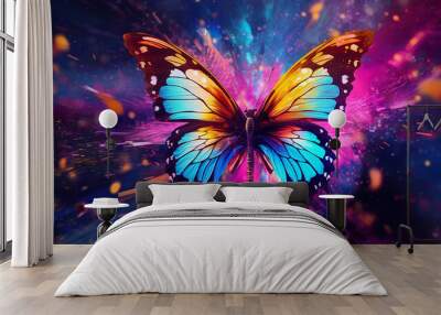 Butterfly realistic photography magic lights color glowing wallpaper image AI generated art Wall mural