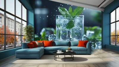 Picture-perfect combination of ice cubes and fresh mint leaves, offering a refreshing visual treat Wall mural