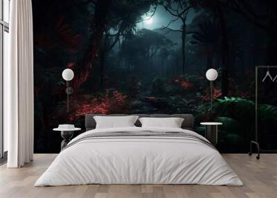 With glowing red dark enchanted forest night photography image AI generated art Wall mural